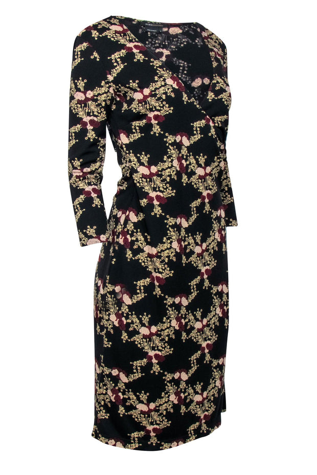 Current Boutique-BCBG Max Azaria - Black w/ Cream, Blush, & Maroon Floral Print Long Sleeve Dress Sz S
