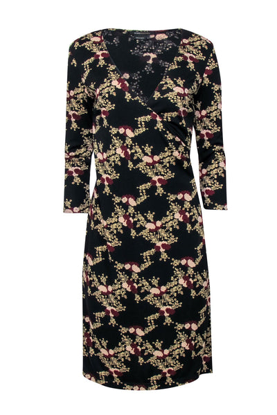 Current Boutique-BCBG Max Azaria - Black w/ Cream, Blush, & Maroon Floral Print Long Sleeve Dress Sz S