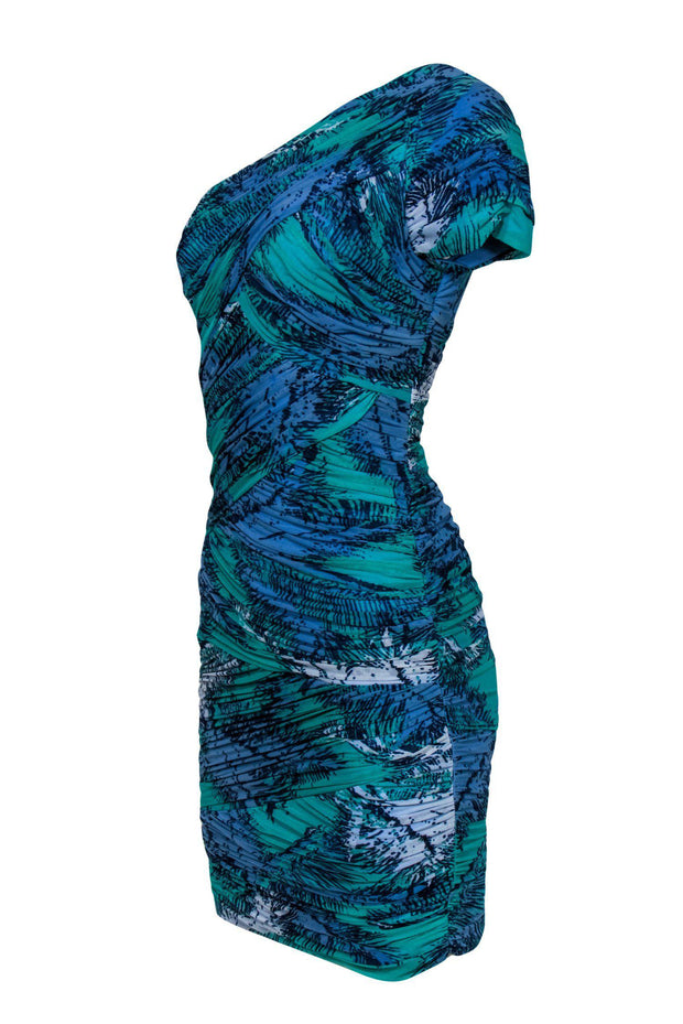 Current Boutique-BCBG Max Azria - Aqua Green & Blue One-Shoulder Ruched Mesh Dress Sz M