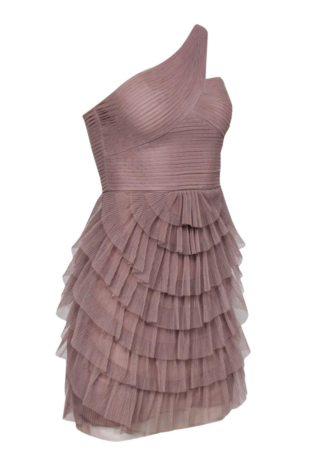 Current Boutique-BCBG Max Azria - Beige Pleated Tulle One Shoulder Sheath Dress w/ Tiered Skirt Sz 0