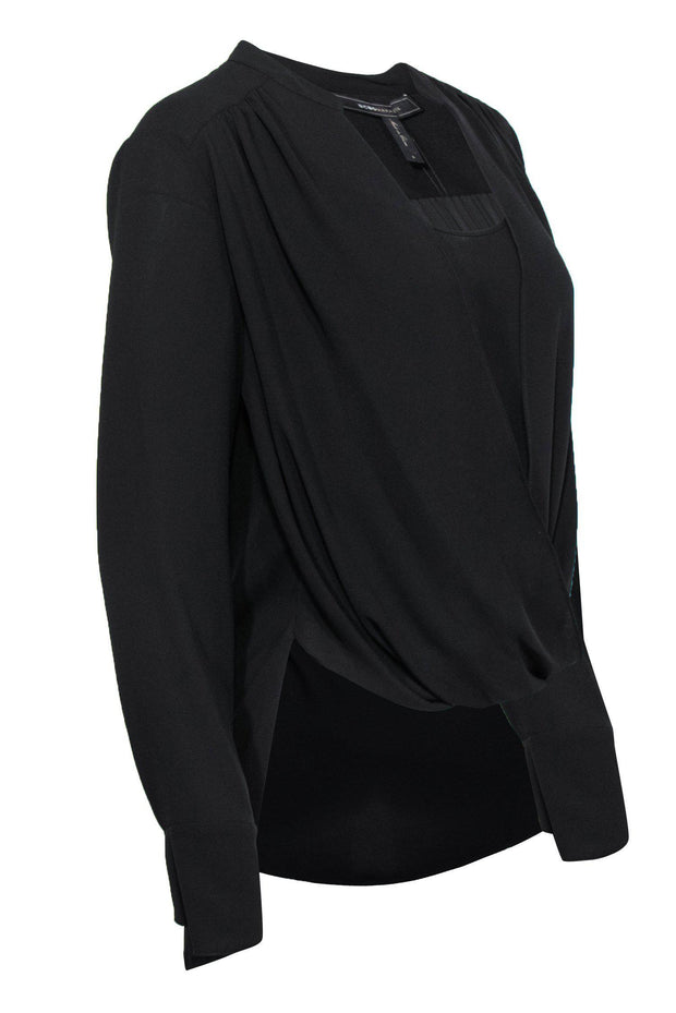 Current Boutique-BCBG Max Azria - Black Draped Cowl Long Sleeve Blouse Sz S