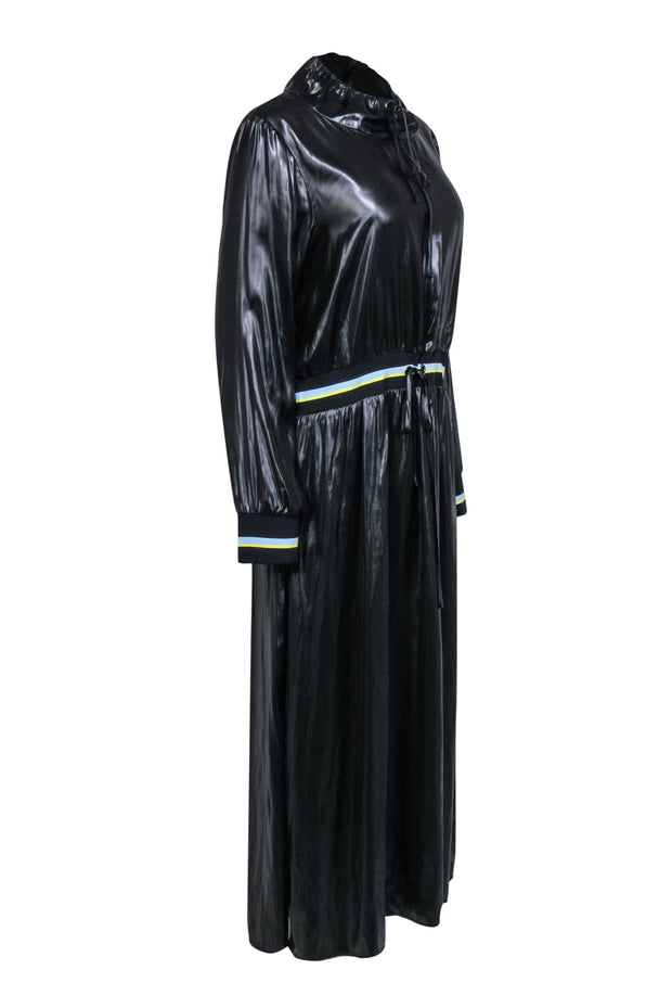 Current Boutique-BCBG Max Azria - Black Faux Leather Drawstring Maxi Dress w/ Striped Trim Sz L