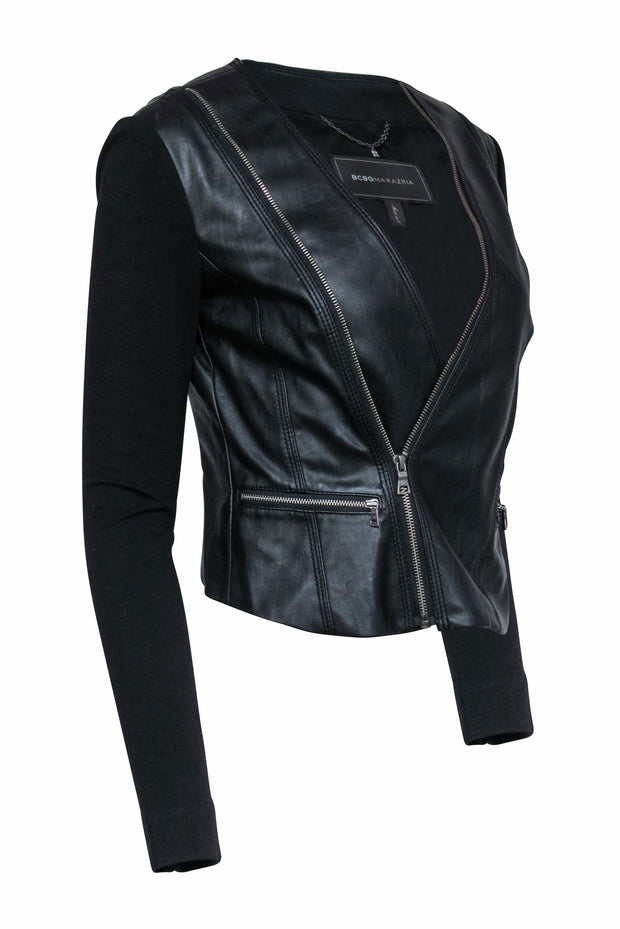 Current Boutique-BCBG Max Azria - Black Faux Leather Jacket w/ Asymmetrical Side Zippers Sz XS