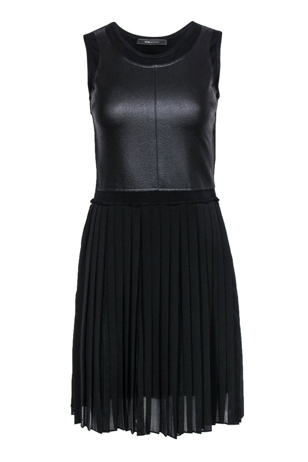 Current Boutique-BCBG Max Azria - Black Faux Leather Pleated "Cleo" Dress Sz XXS