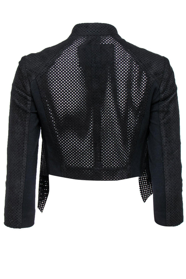 BCBG Max Azria Black Faux Suede Perforated Draped Jacket Sz XXS