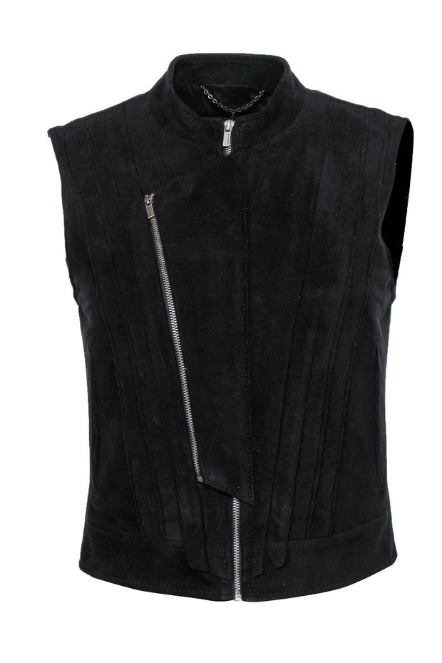 Current Boutique-BCBG Max Azria - Black Faux Suede Pleated Zip-Up Vest Sz XS