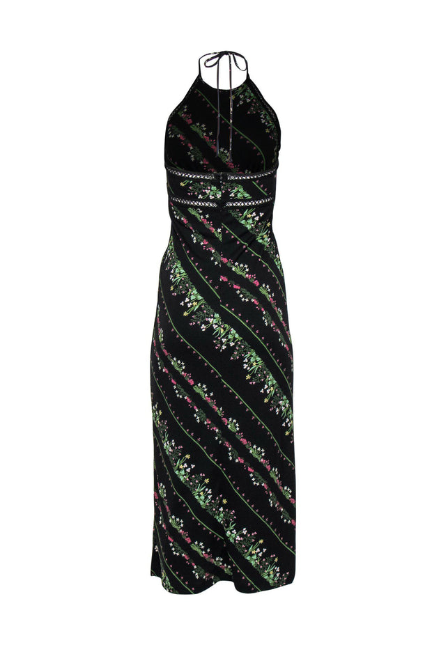 Current Boutique-BCBG Max Azria - Black Floral Print Halter Maxi Dress w/ Eyelet Trim Sz S
