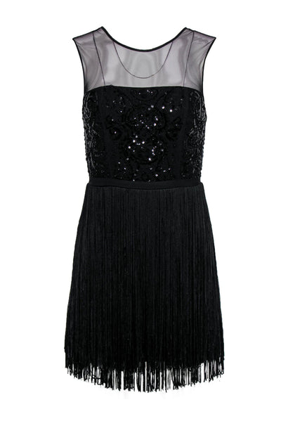 Current Boutique-BCBG Max Azria - Black Fringe Sleeveless “Melly” Sheath Dress w/ Sequin Bodice Sz 2