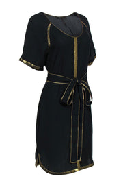 Current Boutique-BCBG Max Azria - Black & Gold Trim Shift Dress w/ Tie Belt Sz S