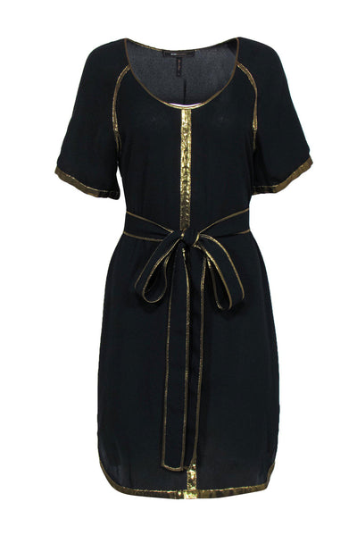 Current Boutique-BCBG Max Azria - Black & Gold Trim Shift Dress w/ Tie Belt Sz S