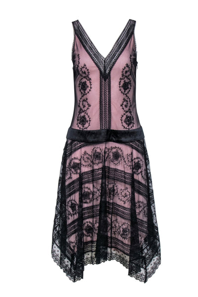 Current Boutique-BCBG Max Azria - Black Lace Overlay Drop Waist Dress w/ Handkerchief Hem Sz 6