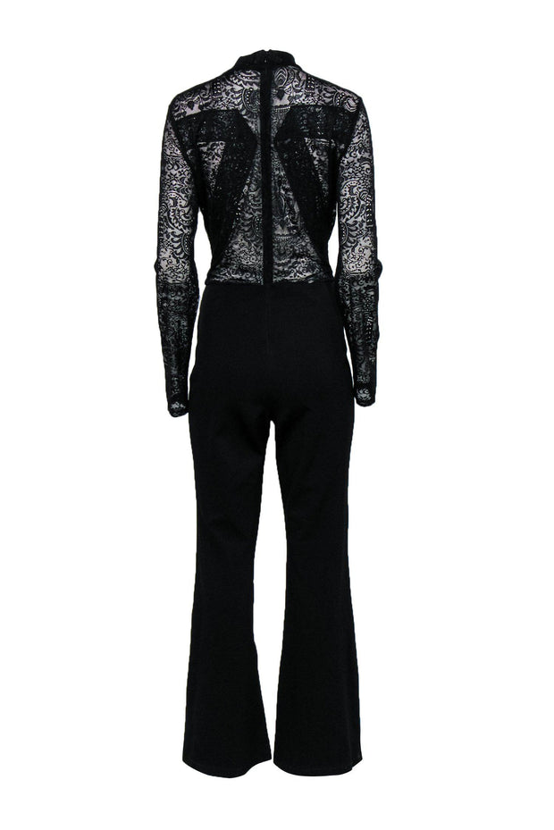 Current Boutique-BCBG Max Azria - Black Lace Top Long Sleeve Flared Jumpsuit Sz L