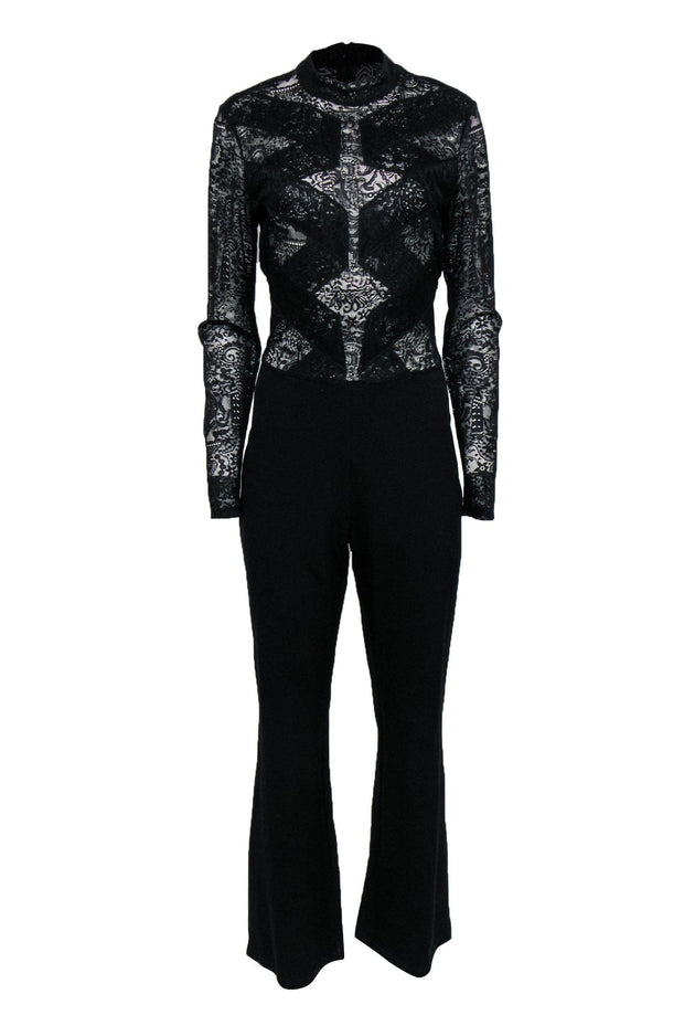 Current Boutique-BCBG Max Azria - Black Lace Top Long Sleeve Flared Jumpsuit Sz L
