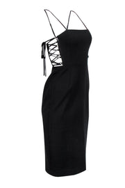 Current Boutique-BCBG Max Azria - Black Lace-Up Midi Dress w/ Silver Hook Hardware Sz 4
