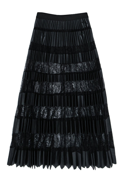Current Boutique-BCBG Max Azria - Black Lace & Vegan Leather Accordion Pleated Maxi Skirt Sz S