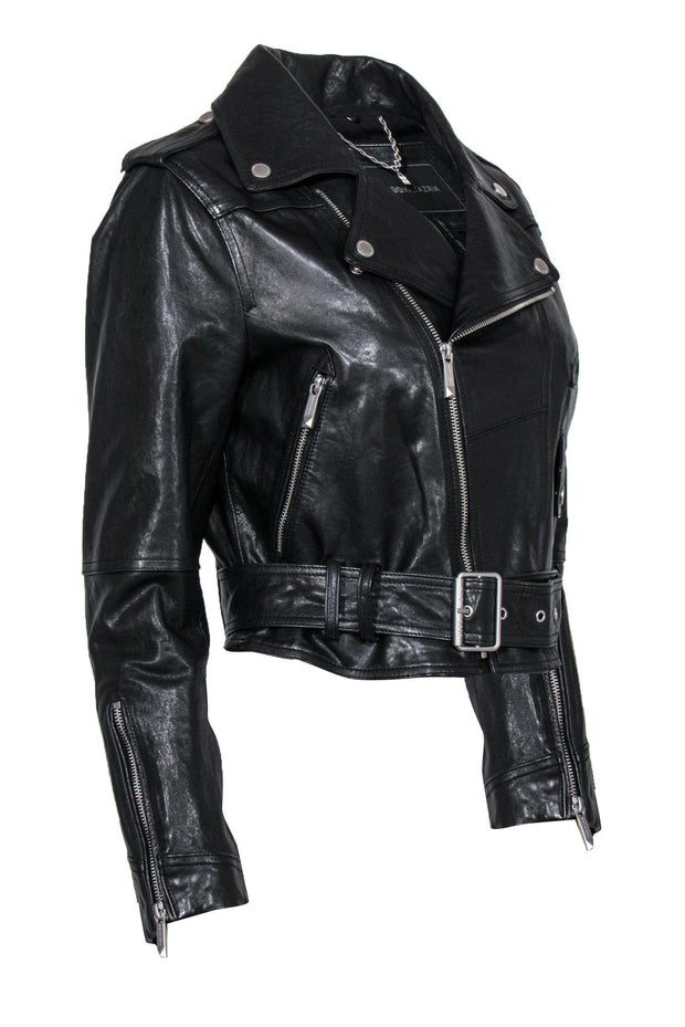 Current Boutique-BCBG Max Azria - Black Leather Cropped Moto Jacket Sz M
