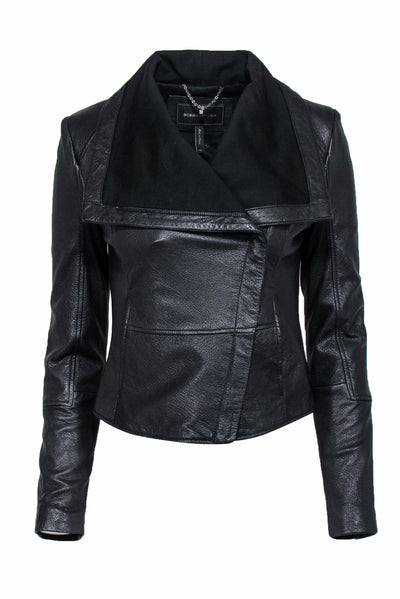 Current Boutique-BCBG Max Azria - Black Leather Cropped Moto Jacket Sz XS