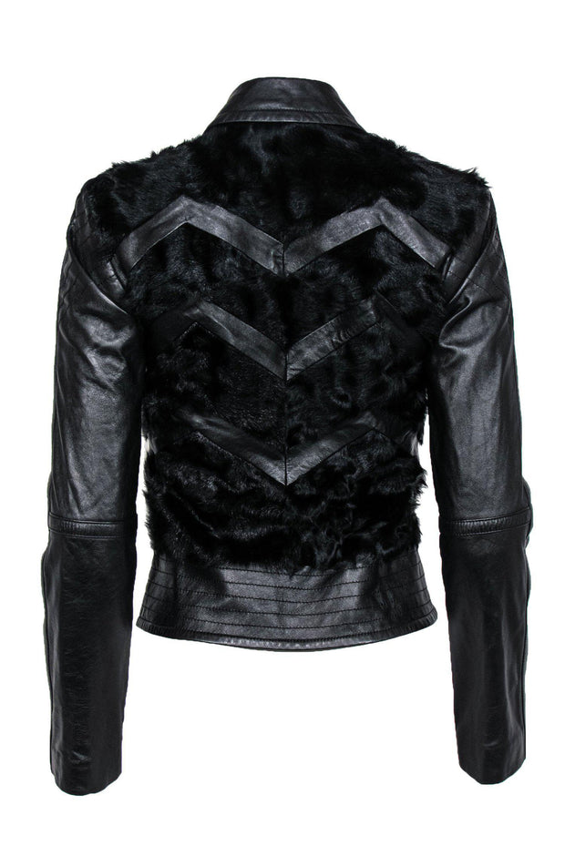Current Boutique-BCBG Max Azria - Black Leather & Fur Chevron Zip-Up Jacket Sz XS
