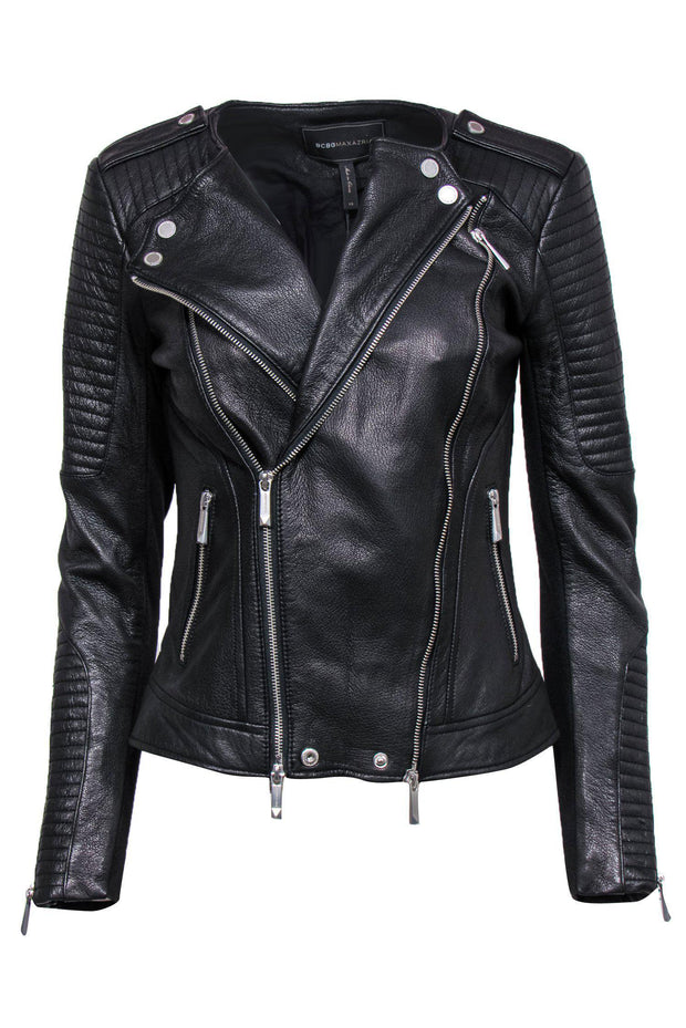 Current Boutique-BCBG Max Azria - Black Leather Moto Jacket w/ Zippers Sz XS