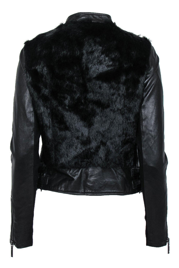 Current Boutique-BCBG Max Azria - Black Leather & Rabbit Fur Moto-Style Jacket Sz S