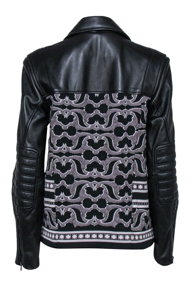 Current Boutique-BCBG Max Azria - Black Leather Zip-Up Jacket w/ Woven Tapestry Design Sz S