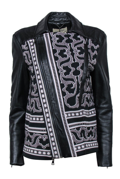 Current Boutique-BCBG Max Azria - Black Leather Zip-Up Jacket w/ Woven Tapestry Design Sz S