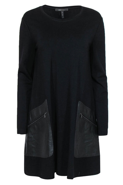 Current Boutique-BCBG Max Azria - Black Long Sleeve Shift Dress w/ Faux Leather Pockets Sz S