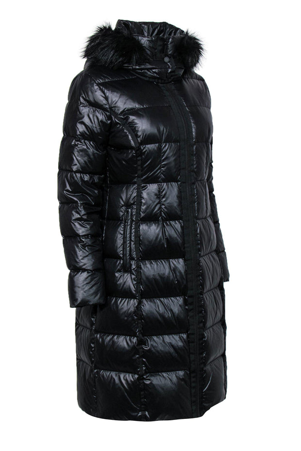 Current Boutique-BCBG Max Azria - Black Longline Zip-Up Hooded Puffer Coat w/ Faux Fur Trim Sz S