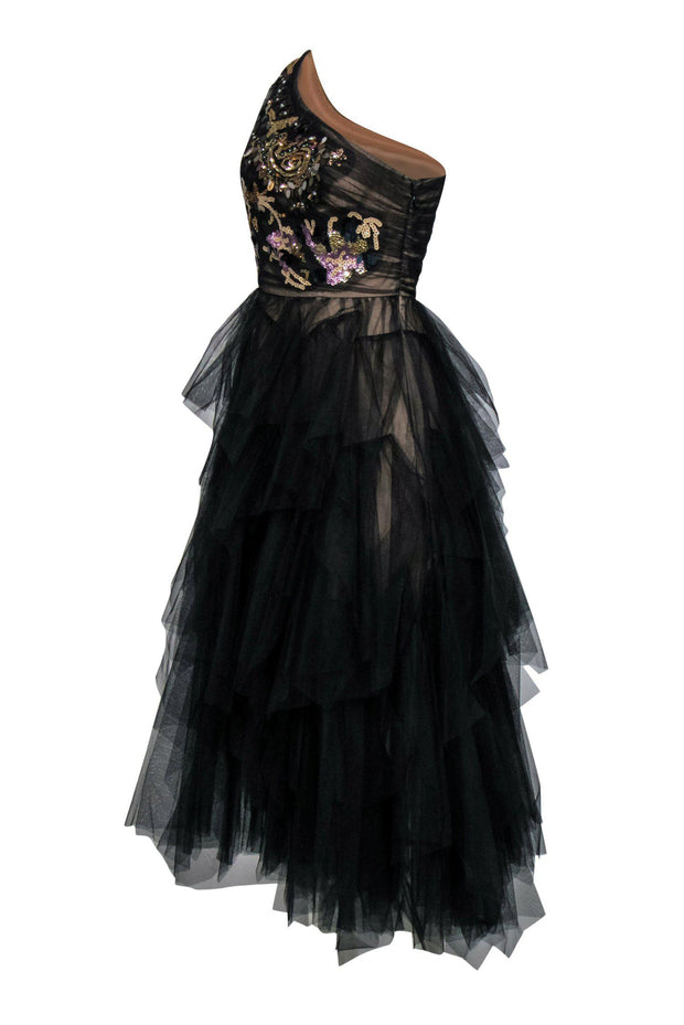 Current Boutique-BCBG Max Azria - Black One-Shoulder Tulle Gown w/ Sequin Bust Sz 4
