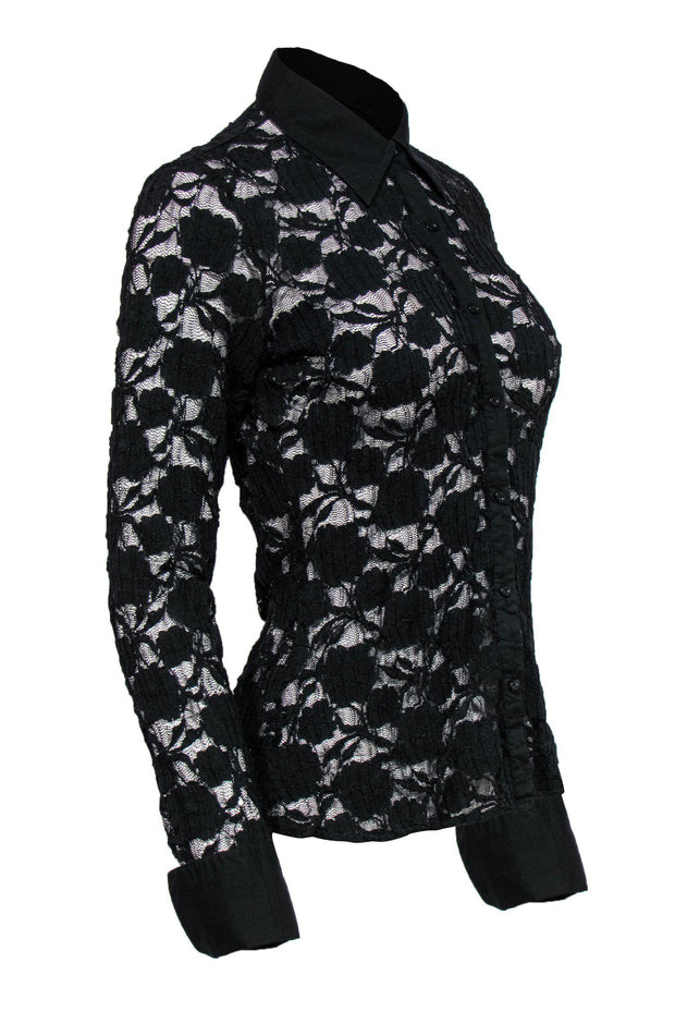 Current Boutique-BCBG Max Azria - Black Sheer Lace Button-Up Blouse Sz M