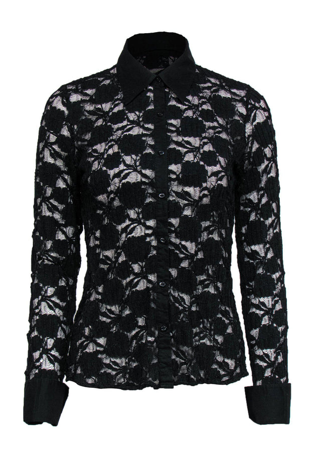 Current Boutique-BCBG Max Azria - Black Sheer Lace Button-Up Blouse Sz M