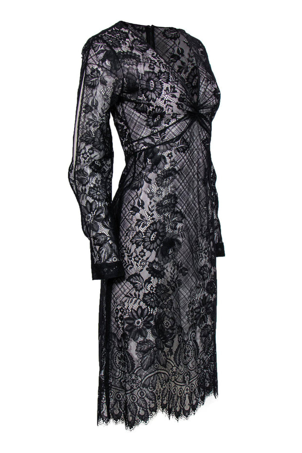 Current Boutique-BCBG Max Azria - Black Sheer Lace Midi Dress w/ Knotted Waist Sz 2