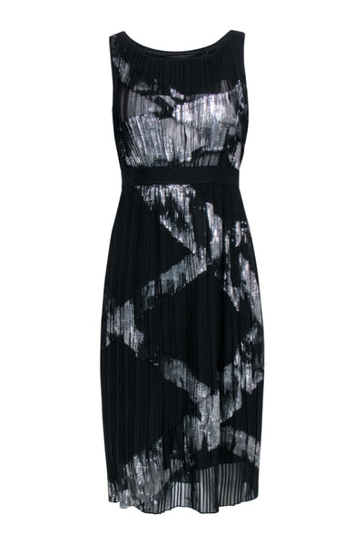 Current Boutique-BCBG Max Azria - Black & Silver Print Pleated Sleeveless Dress Sz XXS