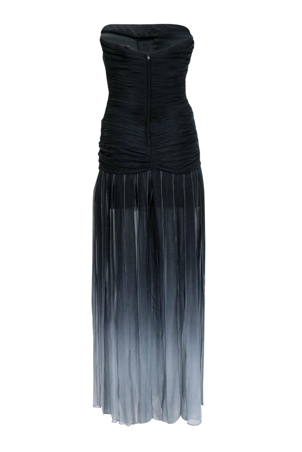 Current Boutique-BCBG Max Azria - Black Strapless Ruched Bodice Gown w/ Ombre Fringe Sz 0