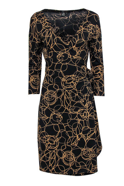 Current Boutique-BCBG Max Azria - Black & Tan Scribble Print Wrap Dress Sz M
