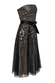Current Boutique-BCBG Max Azria - Black Tulle Strapless Midi Dress w/ Black & Gold Sequins Sz 8
