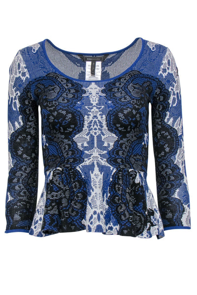 Current Boutique-BCBG Max Azria - Blue & Black Patterned Knit Peplum Top Sz XXS