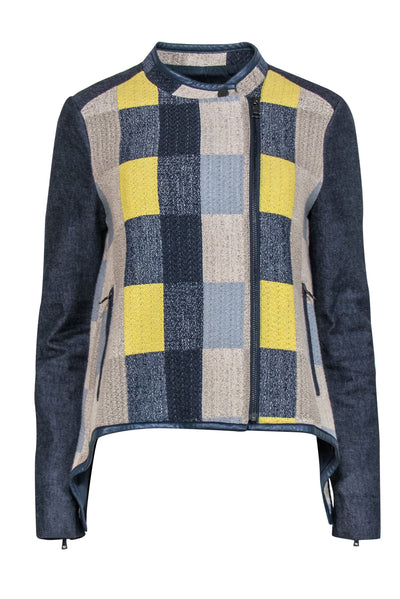 Current Boutique-BCBG Max Azria - Blue, Grey & Yellow Colorblocked Chambray Jacket Sz 4