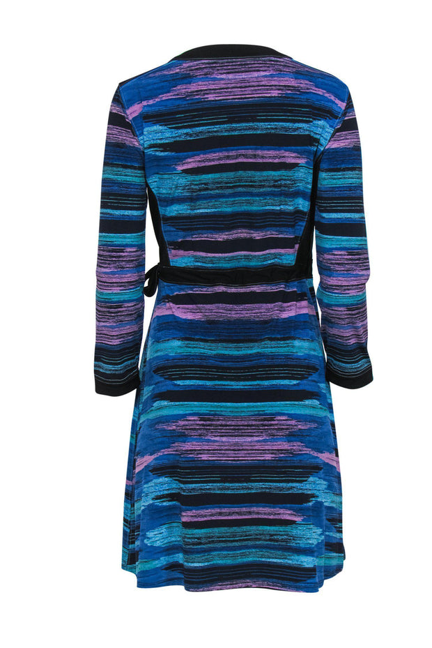 Current Boutique-BCBG Max Azria - Blue, Purple & Black Abstract Print Long Sleeve Wrap Dress Sz M