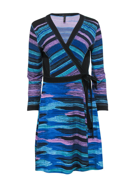 Current Boutique-BCBG Max Azria - Blue, Purple & Black Abstract Print Long Sleeve Wrap Dress Sz M