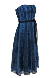 Current Boutique-BCBG Max Azria - Blue Strapless Midi Dress w/ Tulle Overlay & Floral Embroidery Sz 4