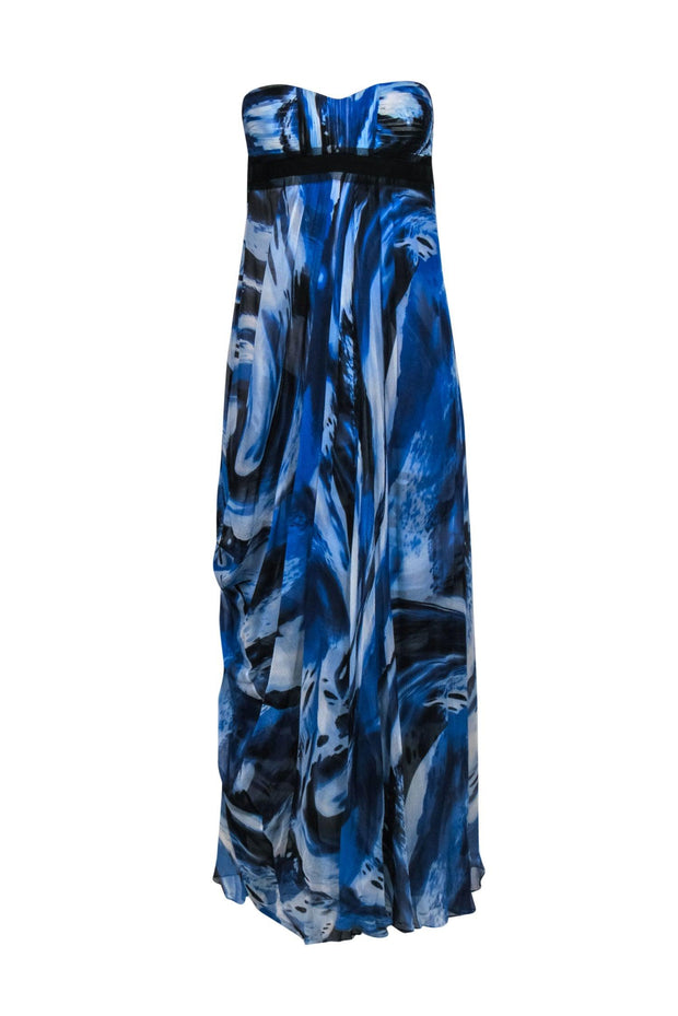 Current Boutique-BCBG Max Azria - Blue, White & Black Marbled Strapless Silk Maxi Dress Sz 0
