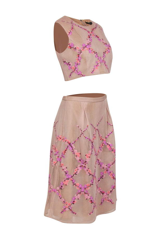 Current Boutique-BCBG Max Azria - Blush Mesh Floral Embroidered Crop Tank & Midi Skirt Set Sz S
