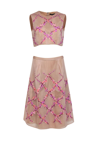Current Boutique-BCBG Max Azria - Blush Mesh Floral Embroidered Crop Tank & Midi Skirt Set Sz S