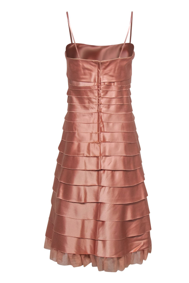 Current Boutique-BCBG Max Azria - Blush Pink Strapless Tiered Satin Midi Dress w/ Tulle Hem Sz 8