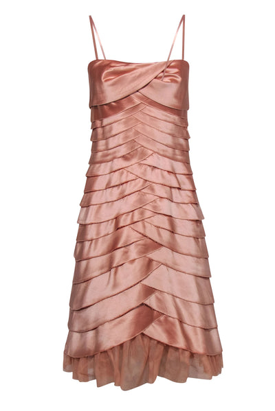 Current Boutique-BCBG Max Azria - Blush Pink Strapless Tiered Satin Midi Dress w/ Tulle Hem Sz 8