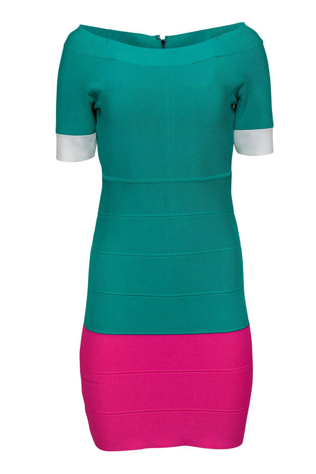 Current Boutique-BCBG Max Azria - Bright Green & Pink Bandage Dress Sz L