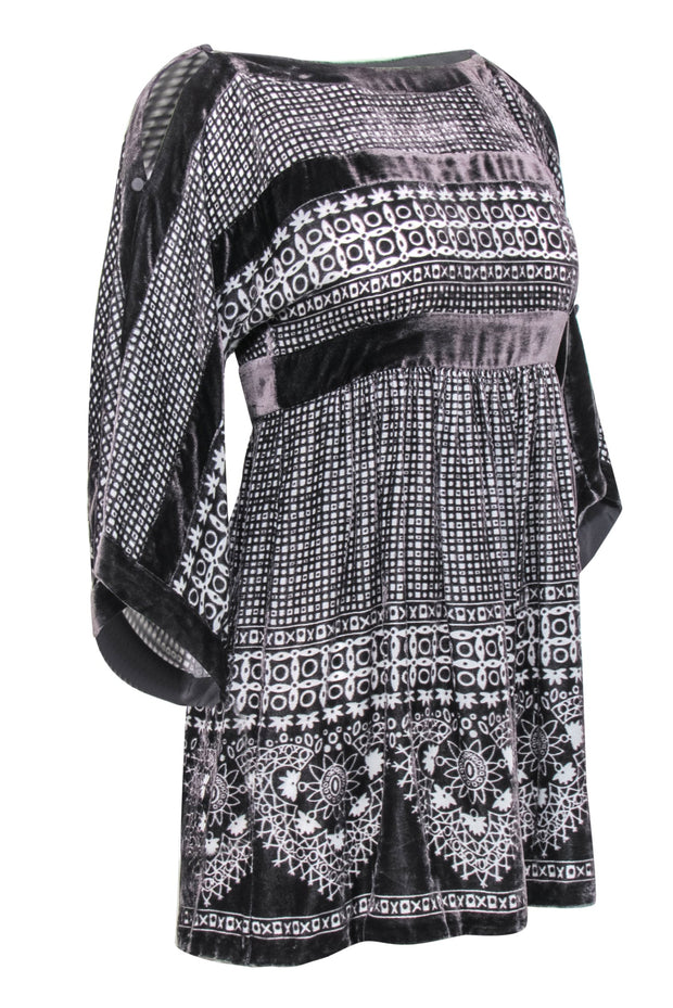 Current Boutique-BCBG Max Azria - Brown Patterned Velvet Open Sleeve Mini Dress Sz XXS