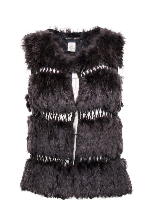 Current Boutique-BCBG Max Azria - Brown Rabbit Fur Vest w/ Crochet Trim Sz L