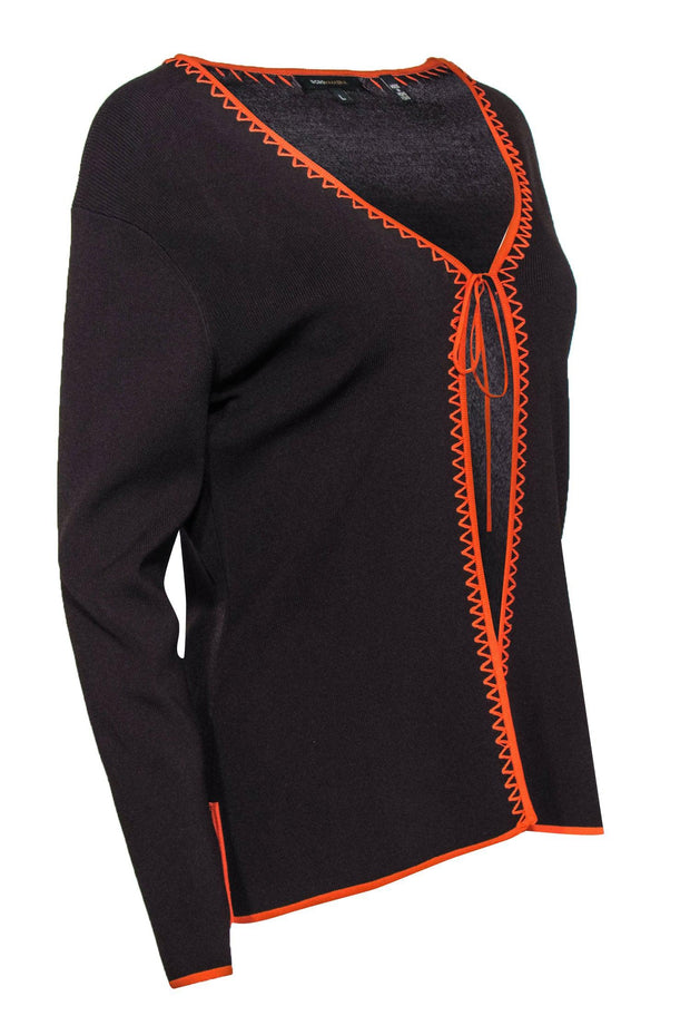 Current Boutique-BCBG Max Azria - Brown Tie Front Cardigan w/ Orange Trim Sz L